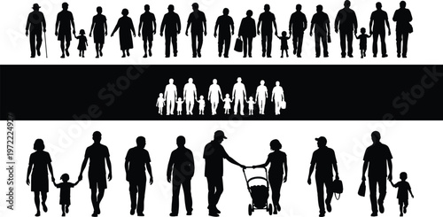 Family silhouette collection showing parents children walking holding hands and daily life scenes isolated vector illustration for community lifestyle design