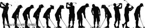 Golf player silhouette set showing swing sequence putting stance and motion collection isolated vector illustration for sports design branding
