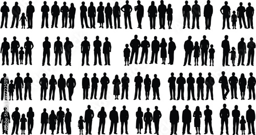 People silhouette collection featuring diverse families groups men women children standing poses isolated vector set for social crowd design