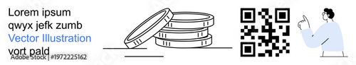 Digital payments, e-commerce, financial technology, online verification, QR scanning, crypto transactions. Stacked coins, QR code and person pointing. Digital payments and e-commerce concepts