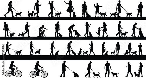 People walking dogs silhouette set with pet owners training playing and outdoor activity scenes vector illustration for lifestyle design