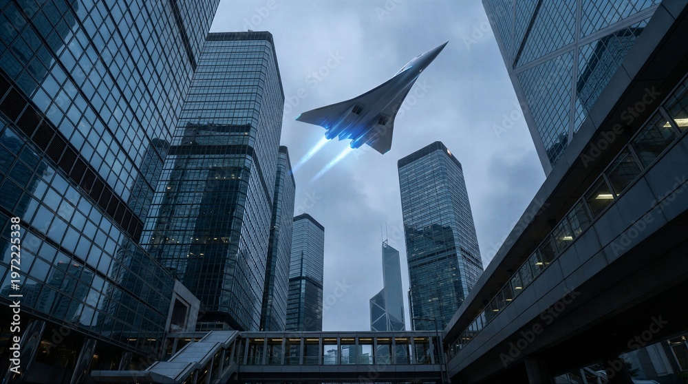 Fototapeta premium Fighter Jet Over Cityscape