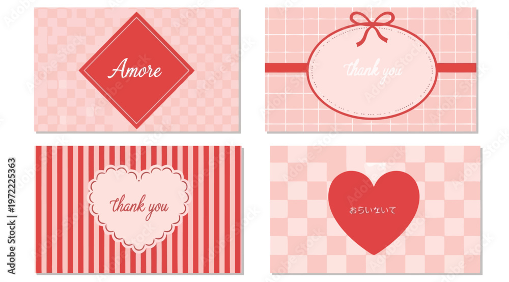 Fototapeta premium Set of four cute pink gift tags or greeting cards with hearts and ribbons, vector illustration