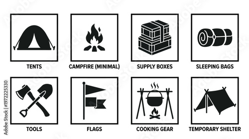 Camping Icons Vector Silhouette Set Featuring Tent, Campfire, Toolbox, Sleeping Bag, Axe and Hammer, Flags, Cooking Pot, and Tarp Shelter for Outdoor Adventure and Design Use