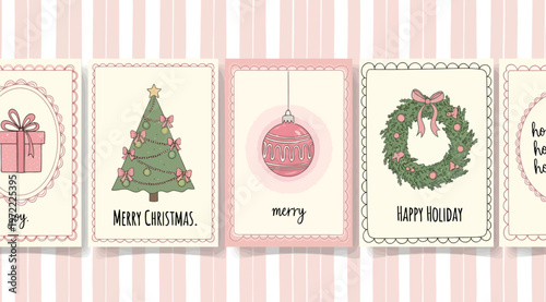 Set of cute christmas greeting cards with hand drawn illustrations of gift box, christmas tree, ornament, wreath and ho ho ho text