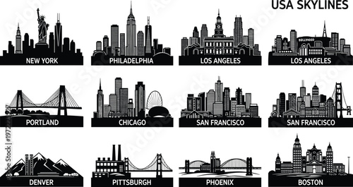 USA city skylines vector set featuring New York Chicago San Francisco Los Angeles Boston urban skyline silhouettes illustration collection design