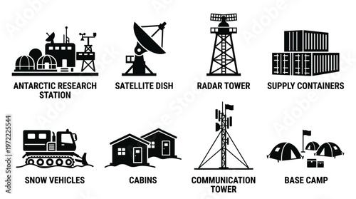 Antarctic Research Vector Silhouette Icon Set Featuring Station Buildings, Satellite Dish, Radar Tower, Supply Containers, Snow Vehicles, Cabins, Communication Tower, and Base Camp for Polar Science a
