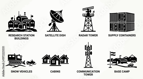 Antarctic Research Vector Silhouette Icon Set Featuring Station Buildings, Satellite Dish, Radar Tower, Supply Containers, Snow Vehicles, Cabins, Communication Tower, and Base Camp for Polar Science a