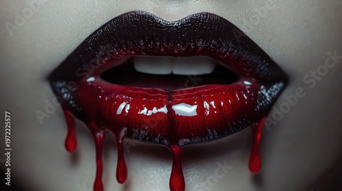 Sexy Vampire Woman lips with blood,Dripping blood on mouth, witches or beast creatures,female lips with fangs,horror holiday monsters,Vampire makeup Fashion Art design,Halloween banner background.