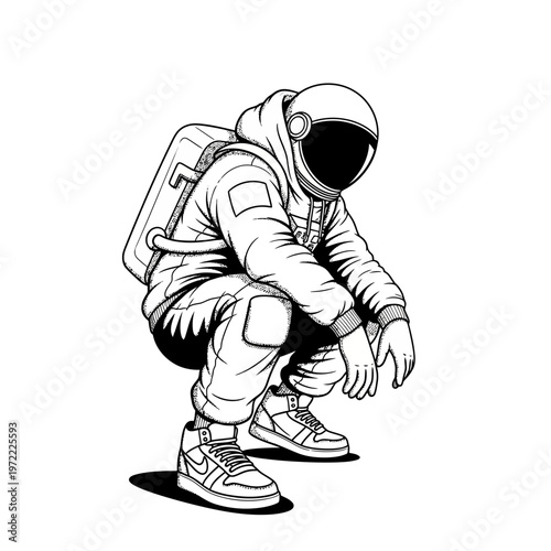 Astronaut in Space Suit Crouching.