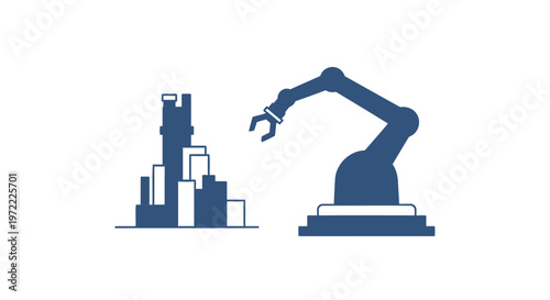 Robotic Arm Interacting with a Cityscape Silhouette - Automation Concept.