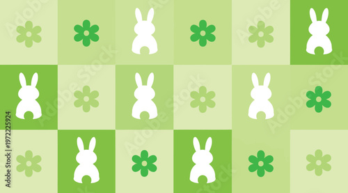 Seamless pattern with cute white bunnies and green flowers on a checkered background