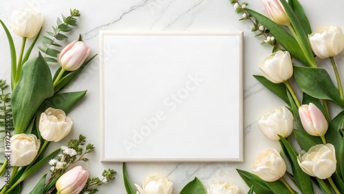 Mother Day Blank square canvas surrounded by white and pale pink tulips on a marble background.