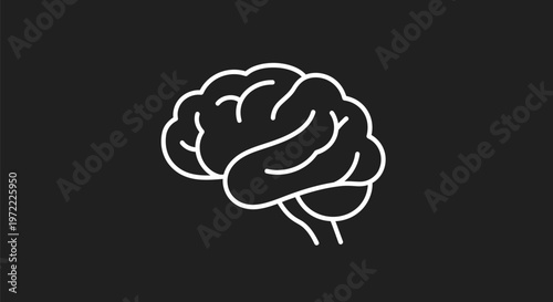 Simple White Outline of a Human Brain on Black Background.
