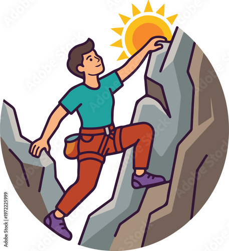 Cartoon illustration of a climber reaching the mountain peak toward the sun, symbolizing success, achievement, and goal accomplishment in a modern vector style.