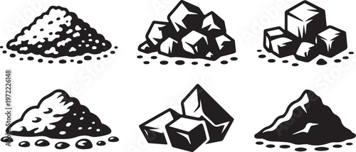 Collection of six black and white vector illustrations representing piles of different granular materials and solid chunks isolated on transparent background