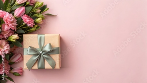 Mother Day Gift box with silver ribbon and pink flowers on pastel pink background, creating a delicate and elegant composition.