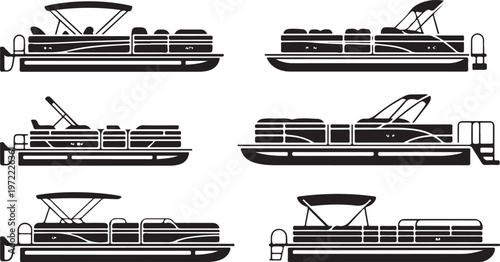Collection of six black silhouette pontoon boats with varying designs and canopy styles isolated on white background