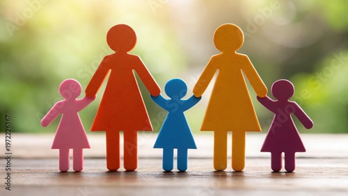 Mother Day Paper cutouts of a diverse family holding hands, symbolizing unity and support, standing on a wooden surface with a blurred natural background.
