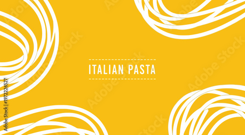 Italian pasta background with white spaghetti noodles on yellow background