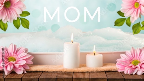 Mother Day White candles and pink daisies arranged on a wooden surface with the word 