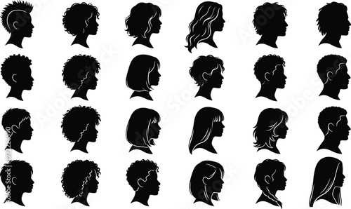 WebLarge collection of diverse male and female head silhouettes featuring various hairstyles including curly, wavy, short, long, and mohawk isolated