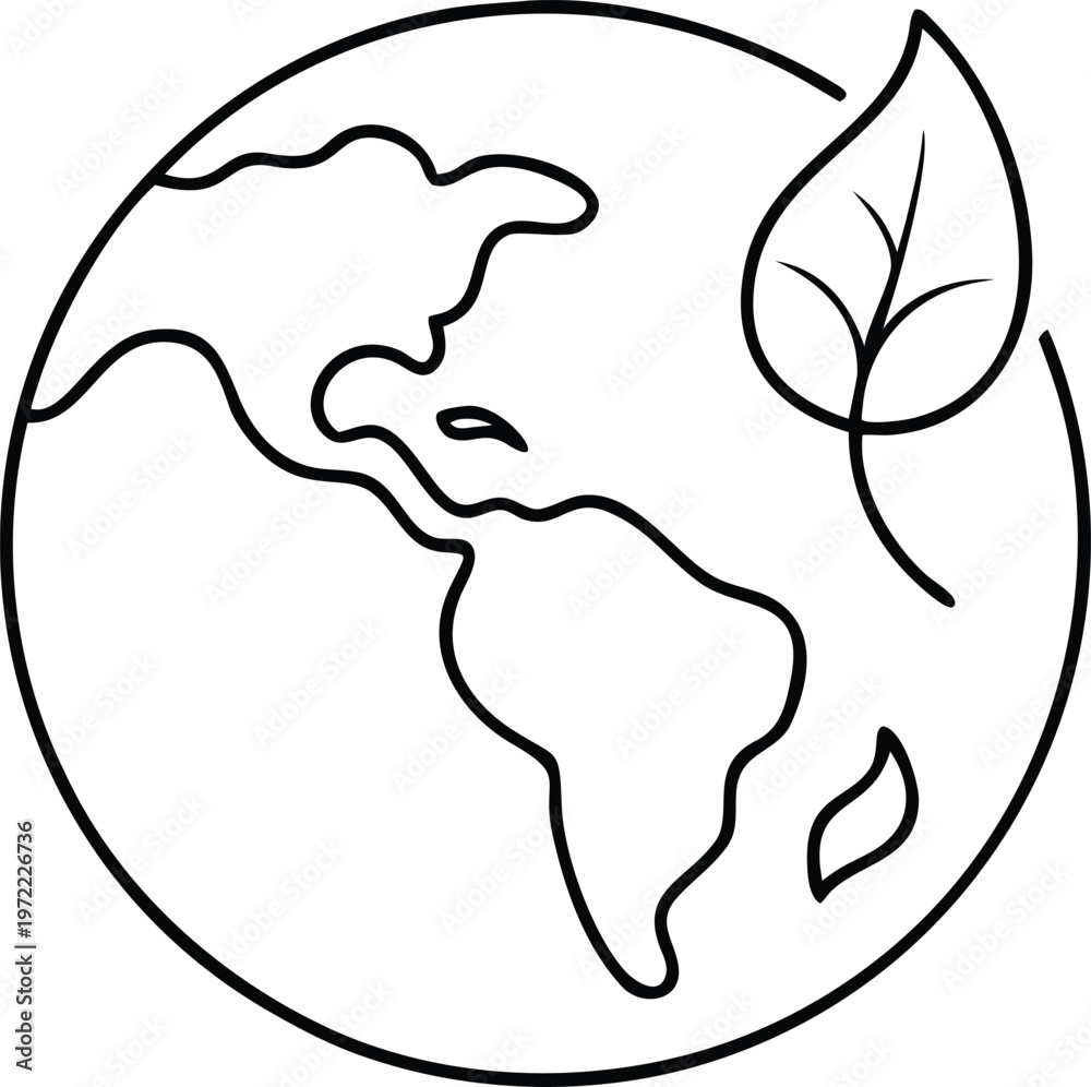 Obraz premium Outline Drawing of Planet Earth with a Falling Leaf Representing Eco Friendly Concepts