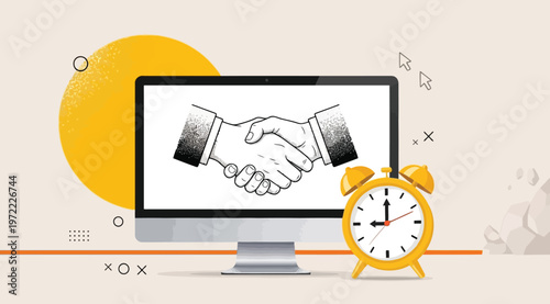 Business agreement concept with a handshake on a computer screen next to an alarm clock