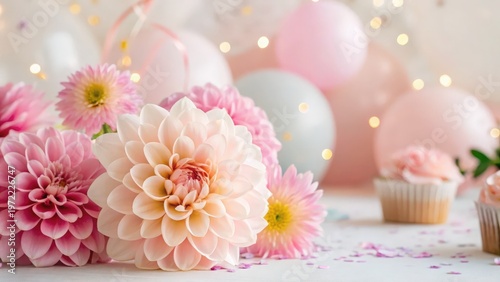 Mother Day Soft pink and white flowers with pastel balloons and cupcakes create a delicate, festive celebration atmosphere.