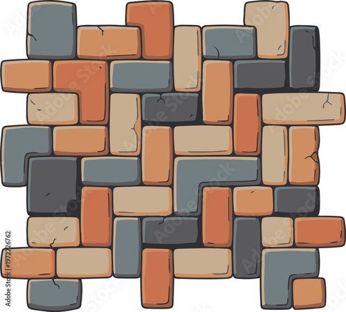 Colorful cartoon brick wall pattern with irregularly arranged blocks, designed in a playful vector style for backgrounds and textures.