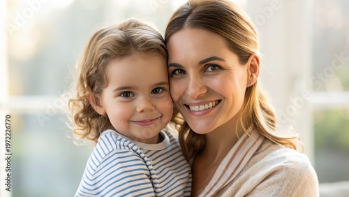 Mother Day Smiling mother and daughter hugging indoors, sharing a warm moment with natural light highlighting their joyful expressions.