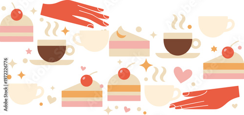 Coffee and dessert illustration with cakes, cups, cherries, sweet bakery elements, cozy cafe concept, modern flat design vector collection