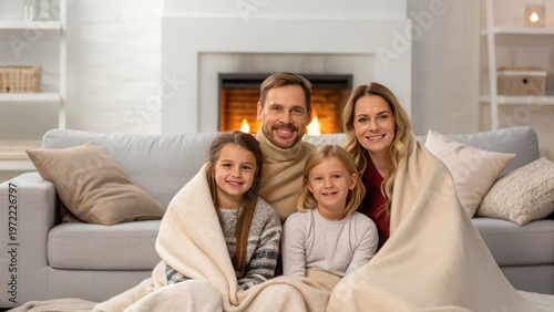 Mother Day Cozy family of four wrapped in blankets, smiling on a sofa in a warm living room with a lit fireplace.