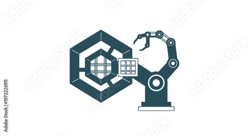 Robotic Arm Manipulating a Hexagonal Structure in a Technological Illustration.