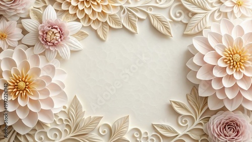 Mother Day Intricate floral paper cutout design with detailed flowers and leaves framing a textured beige background.