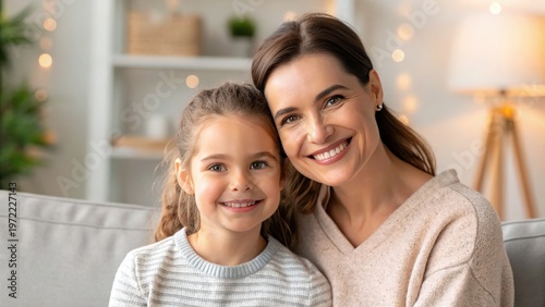 Mother Day Smiling mother and daughter sitting closely on a couch in a cozy living room with warm lighting.