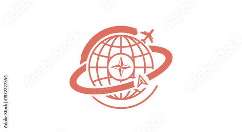 Orange Globe with Airplane and Compass Design for Travel and Tourism.