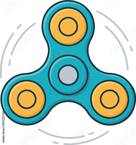 Flat vector illustration of a colorful fidget spinner toy with three lobes, representing stress relief, focus, and playful motion in a modern cartoon style.