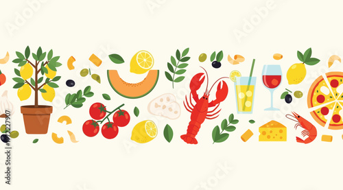 Seamless pattern with mediterranean food ingredients, including lobster, pizza, tomatoes, lemon, wine, and cheese, flat vector illustration