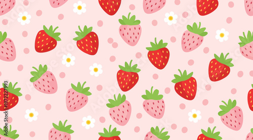 Seamless pattern with cute strawberries and flowers on a pink background