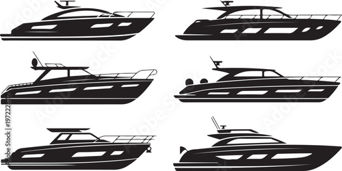 Collection of stylized vector silhouette illustrations of luxurious motor yachts and speedboats isolated on white background