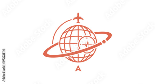 Orange Globe with Airplane and Compass Symbolizing Global Travel.