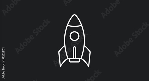 Simple White Outline of a Rocket Ship on Black Background.
