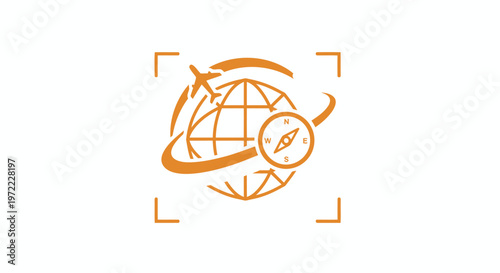 Orange Globe with Airplane and Compass Symbolizing Global Travel and Navigation.