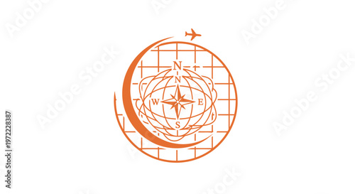Orange Globe with Compass and Airplane Icon for Travel.