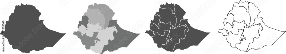 Fototapeta premium Ethiopia Map Set – Administrative Regions, Grey and Outline Map Variations