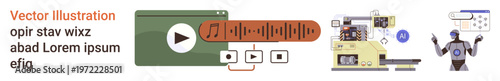 Media streaming, AI, automation, content creation, digital services, machine operations. Visuals show a music player, automated machinery and AI-based interfaces. Media streaming and AI concepts