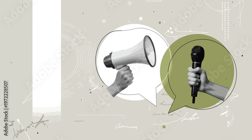 Conceptual illustration of communication styles showing a megaphone for broadcasting and a microphone for dialogue
