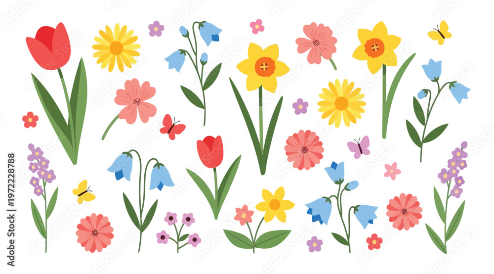Obraz premium Spring flowers set with tulips, daffodils, bluebells, daisies and butterflies