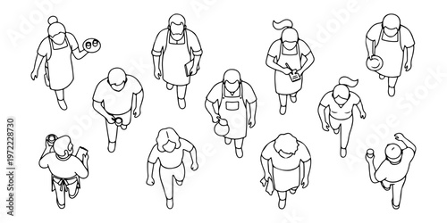 Top View Service Staff Vector with White Fill and Black Outlines, Flat Design Waiter and Barista Scale Figures for Architectural Restaurant Plans
